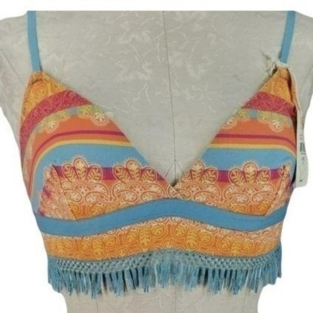 Jasmine & Ginger Boho Paisley Fringed Bralette Top Orange Blue Size M NEW